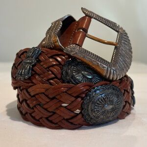 Leather Cowgirl Vintage Western Boho Braided Concho Belt - Saddle Brown - Sz 28